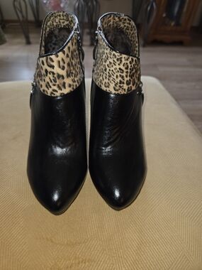 Women's Black Ankle Boots with Leopard Trim